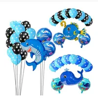15 piezas de globos de temas de animales de mar de mar de marco de tiburón ballena pez cangrejos dibujos animados de dibujos animados de baby shower decoración de la fiesta de cumpleaños