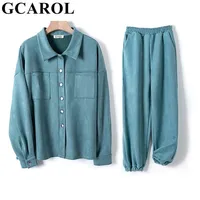 GCAROL 여성 트랙 스위트 벨벳 재킷과 바지 드롭 어깨 오버 크기의 재킷 단일 브레스트 탄성 허리 바지화물 ML 210331
