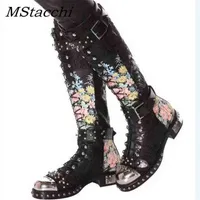 MStacchi Rivets Studded Buckle Knee High Boots Women Embroidered Leather Print Flower Flat Motorcycle Winter Shoes Woman 220729