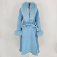 Oftbuy New Xlong Cashmere Wool Blends Real Fur Coat Belt Winter Gacket Women Women Natural Fur Fur Wholed and Cuffs Streetwear 201016