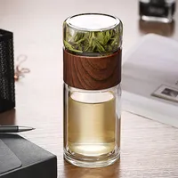 Water Bottles 250ml High Quality Double Glass Cup Bottle With Case Tea Drinkware Filter Infuser Tumbler Transparent Wood GrainWater