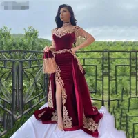 Luxury Arabic Mermaid Velvet Evening Dresses With Detachable Train Side Split Applique Lace Prom Gowns High Neck Tassel Algerian O277G