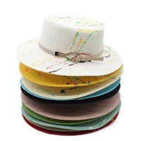 새로운 컬러 페인팅 플랫 탑 꼭대기 밀짚 모자 세련된 캐주얼 캐주얼 넓은 넓은 챙 모자 여행 해변 선 스크린 파나마 모자 hcs173