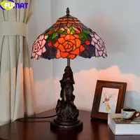 Fumat Tiffany Style Sunflower Red Rose Orchid Leaves Stained Glass Table Lamp Read Girl Frame Arts Desk Light Deced Dimning LED
