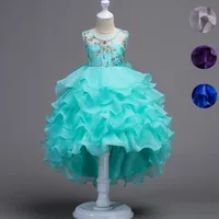 Short Front Long Back High Low Lace Flower Girls Dress Ruffles Junior Kids Tailing Party Pageant Gowns Children Clothes314Z