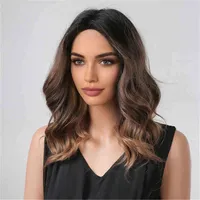 NXY Brown Blonde Medium Wavy Synthetic Wig Ombre Shoulder Length Middle Part for Black Women Natural Cosplay Heat Resistant Hair 220622