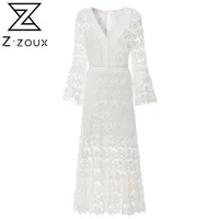 Z Zoux vrouwen jurken witte kanten jurk Flare Sleeve V Hol Hollow Out lange plus size sexy 2020 feestavond LJ200818