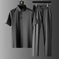 Men&#039;s Tracksuits Light Luxury Mens Short Sets Business Casual Suit Men&#039;s Summer Leisure Sleeve Thin Stripe Shirt Pants Two-piece Suits