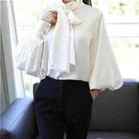 Women's Blouses & Shirts Pure White Bow Tie Blouse Chiffon Women Office Shirt Lantern Sleeve Blusas Femininas Formal Ladies T214t
