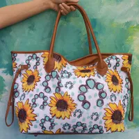 Turquoise Sunflower Canvas Bag Travel Ga Warehouse impreso Totado sin fin de gran capacidad bolsas de lona al aire libre estilo pastoral de transporte