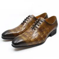 Chaussures en cuir masculines Brown Black Crocodile lacet-up pointu Point Office Office Wedding Oxford Chaussures KB295