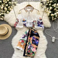Yaz tatlı kadınlar omuz dantel nakış patfokwork şifon gömlek üst düzensiz çiçek baskı mini etek 2022