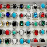 Anillos de banda joyería moda 30 piezas/lote turquesa gran tamaño cristal antigüedad sier natural anillo de piedra para mujer fiesta de regalo de fiesta entrega 20