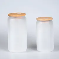 Sublimation 16 Unzen Glaskanne Glas-Tumbler mit Bambusdeckel wiederverwendbarer Strohbierdosen transparent frostig Soda-Cancup Trinkbecher LXL1479