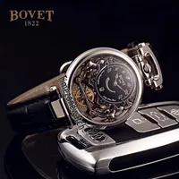 Bovet Swiss Quartz Mens 시계 Amadeo Fleurier Steel Case Skeleton Black Dial Watches Black Leather Strap Watches Cheap Timezonewat266p