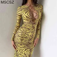 Zebra print lange mouw bodycon jurk hollow out bandage sexy jurk lente herfst mode y2k midi long jurk 2022 t220816