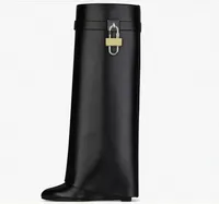 Luxury shark lock boots Knee in leather dupe silver and gold finish asymmetrical metal high low Botas Padlock Boot Women Suede clad wedge almond shaped toe heel