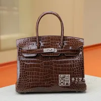 designer herme birkin's shoulder handbags 2022 new pure manual wax thread sewing platinum bag crocodile skin women's bag bk30cm coffee silver buckle