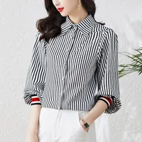 Kvinnors blusar skjortor Polyester Cotton Blue Strip Woman 2022 Spring Autumn Fashion Clothes Button Up Shirt Office Lady Casual For Womenwo