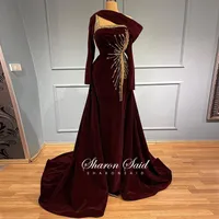 Party Dresses Elegant Wine Red Velvet Arabic Evening Dress 2022 Luxury Beaded Dubai Long Sleeve Overskirt Women Formal Gowns For WeddingPart