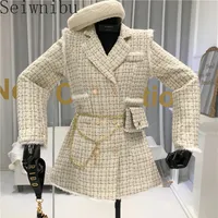 2020 Autumn spring Women Retro Tweed Spliced Short Coats Suit Plaid Coat Women Slim Double-breasted Jacket with Waist Bag T200828218m