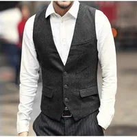 2021 Modest Grey New Wedding Groom Colets Wool Single Brentsed Ferringbone Tweed Vests Groomsmen Vest Suits Mens Cole