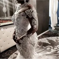 2022 Suknie Ślubne South African Syrenki Koronki Kryształy Frezowanie Wysokiej Neck Długie Rękawy Suknie Ślubne Plus Size Vestido de Novia