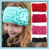 Girls Kids Winter Big Wool Crochet Headbands Flowers For Toddler European Style Ear Warmers Children Braided Headbows Baby Beanies Cap Drop