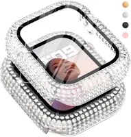 Crystal Diamond Bling Cases For Iwatch Apple Watch Series 7 Case Cover With Tempered Glass Screen Protector.Rosegold Rainbow Clear Gold Red Black Pink Blue