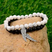 Beaded Strands Silver Color Wing Couple Bracelet For Women Jewelry White Stone&Black Matte Distance Bracelets Pulseira Masculina AB3 Fawn22