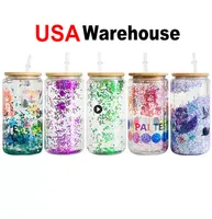 US Warehouse 12/16/20oz Tumblers Dubbele wandglasbeker met bamboe deksel en stro C0822