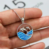 Anhänger Halsketten Blau Feuer Opal Doppel Delphin für Frauen Männer Tier Schmuck Frau Hochzeit Engagement Halskette Weihnachtsgeschenkverhältnis