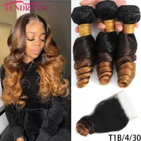 100% Human Hair Loose Wave Bundles With Closure 3 Tones T1B 4 30 Ombre Wavy Hair With 4x4 Closures Thick Remy Brazilian Hair Extensions And Lace Closure