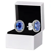 Pretty Women Blue Statement Halo Stud Earrings Authentic 925 Sterling Silver Original box for Pandora Wedding Jewelry Earring set