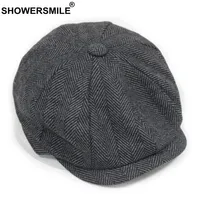 Showersmile Black Grey Wool Hat Man Newsboy Caps Herringbone Tweed Warm Winter Octagonal Hat Male Female Gatsby Retro Flat Caps S1256E