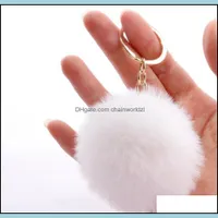 Anahtarlık moda aksesuarları tavşan kürk topu anahtar zinciri yumuşak güzel altın metal anahtar zincirleri pom poms plush ile p jllmke carshop2006 damla