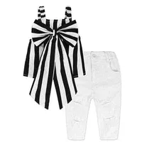 kids designer clothes 2019 Summer Baby Girls Outfits Girls Sets Plaid Clothing Shoulder-straps Bow Stripe Top Long Pants Child Out2766