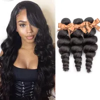Unprocessed Brazilian Bundles Loose Wave Curly Peruvian Indian Virgin Human Hair Extensions Natural Color 3 Bundles Full 8A