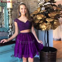 Party Dresses Two Pieces Lace V-neck Short Homecoming Dress Crop Top Knee Length Prom Gown Sweet Girls DressParty
