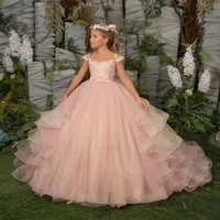 Pembe Kapalı Omuz Balyosu Prens Çiçek Kız Elbiseleri 2022 Süpürme Tren Kızlar Pageant Elbise Dantel Aplike İlk Komünyon Prenses Elbise B0601W5