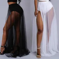 Jupes Sexy Femmes Colas Side Split Mesh Jupe See-Through Long Maxi Solid