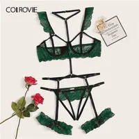 Choker 여성과 함께하는 Colrovie Floral Lace Underwire Garter Lingerie Set Intimates Sexy Set Underwire Bra 및 Thongs Lingerie Sets LJ201212