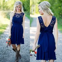 Country Style Newest Royal Blue Chiffon And Lace Short Western Bridesmaid Dresses For Weddings Cheap Backless Knee Length Casual225K