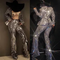 Party Decoration Fashion Women Silver Black Sequins Striped Suit 2 Pieces Set Nightclub Bar Concert Singer Dancer Stage Outfit Sexy Show Cos