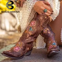 ボニョマリサの女性ヴィンテージカウボーイ刺繍最高品質のチャンキーハイヒールウエスタン女性ファッションカウガール秋のブーツ220722