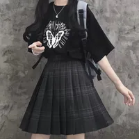 Houzhou Gothic Black Plaid Skirt 여성 Kawaii Harajuku 높은 허리 Pleated 미니 스커트 일본 학교 유니폼 Preppy 스타일 JK 220325