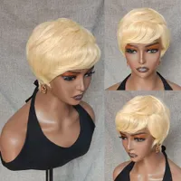 Lx marca 613 mel loira pixie corte curto bob peruca com franja onda ondulado cabelo humano peruca brasileira peruca reta para mulheres máquina feita wigfacto