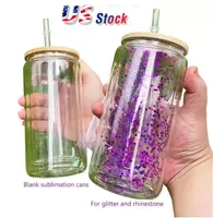 US Stock 16oz Double/Single Wall Sublimation Glass Tumblers Beer Mugs Gradient Ombre Frosted Cola Can Mason Jar med bambu lock och halm FY5355