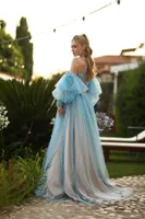 2023 Pure Handmade A Line Tulle Prom Dreess Beaded Lace Applique Sexy Long Fuffy Sleeves Pagreant Party Evening Gowns