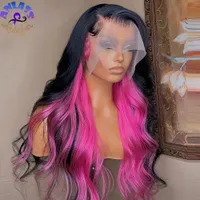 180 Densidade Destaque rosa com perucas de onda corporal preto perucas brasileiras pré -arrancadas 13x4 Lace Frontal Wig Synthetic Hair Transparent Lace